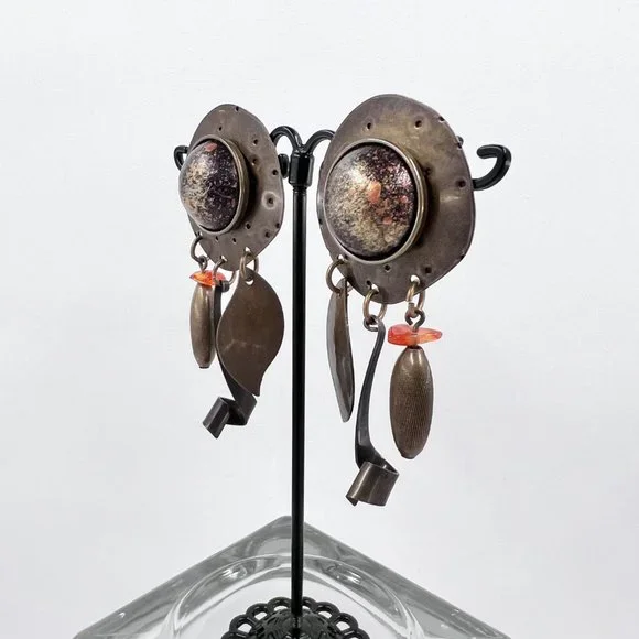 NWOT - Artisan BOHO Brass Tone Textured Metal Dangle Post Earrings - Picture 3 of 6